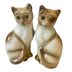 Vintage Siamese Cat Salt and Pepper Shakers Green Rhinestone Eyes Japan Set of 2